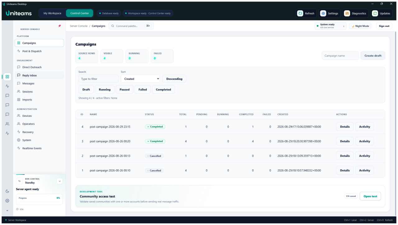 Uniteams Control Center showing campaign filters, status totals, and campaign activity rows