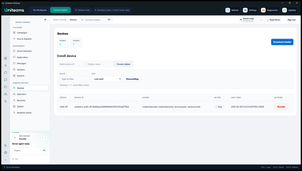 Uniteams device administration showing enrollment controls and scoped device access
