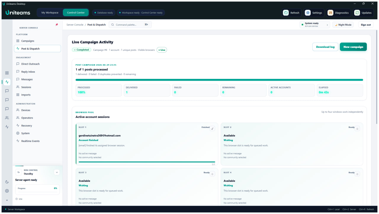 Uniteams live campaign activity showing processed delivery progress and four browser slots