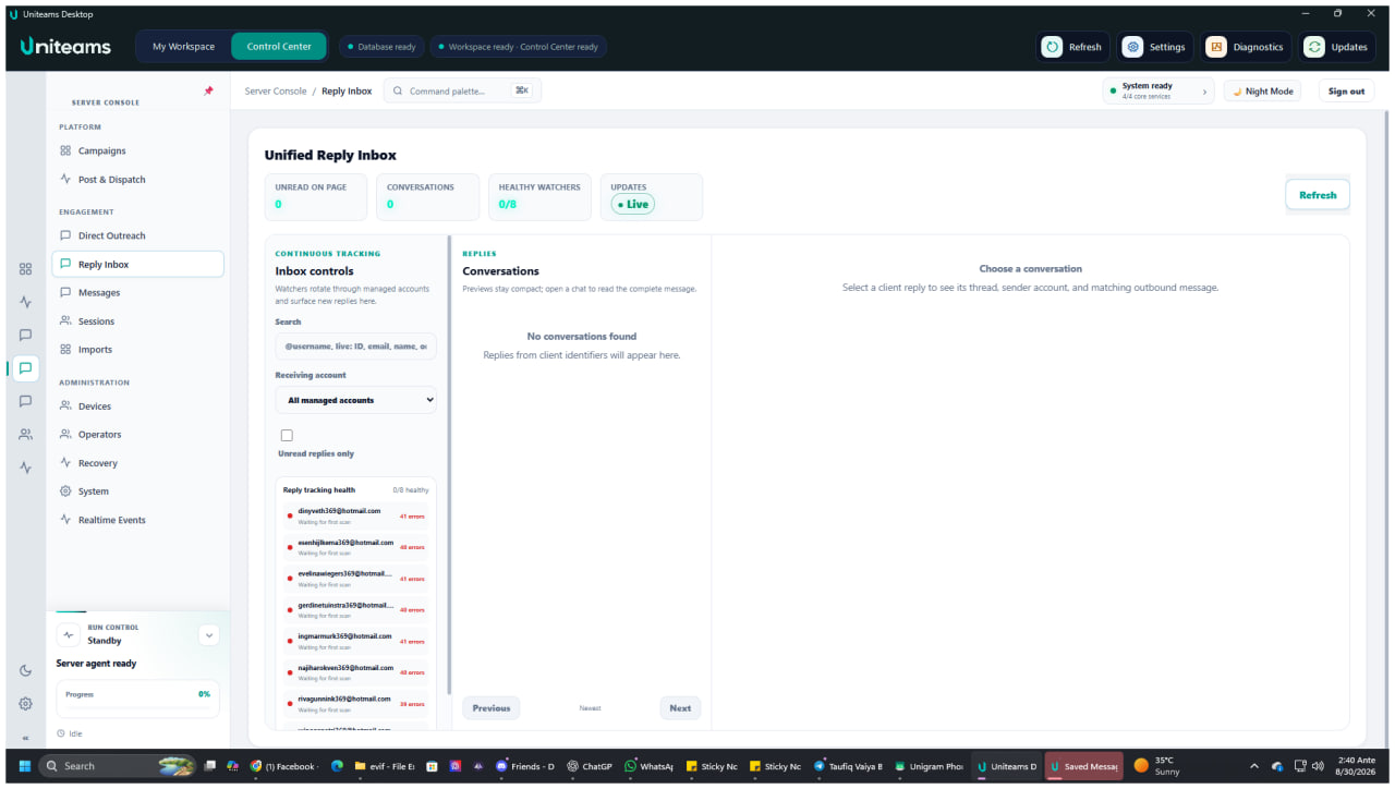 Uniteams unified reply inbox with watcher health, conversation list, and message workspace
